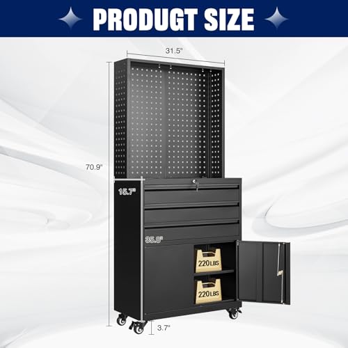 Yizosh Metal Garage Storage Cabinet with Wheels,3-Drawer Rolling Tool Cabinet with 2 Door and Adjustable Shelves,- 71" Steel Tool Cabinet for Warehouse,Garage,Workshop