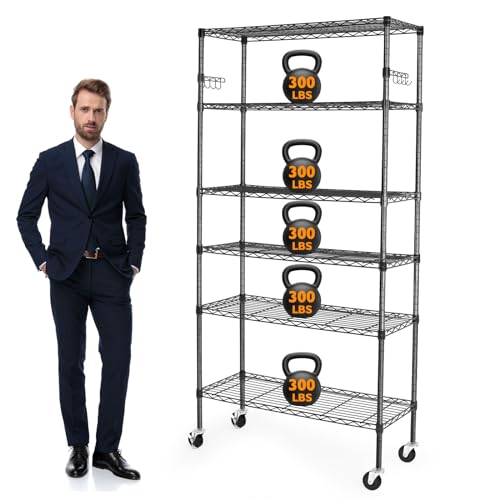 BolDuck 6 Tier Storage Shelves with Wheels, 2100lbs Capacity Heavy Duty Shelving Units, 14x36x75inch Adjustable Metal Shelf Wire Shelving Rack for Garage, Kitchen, Office, Black