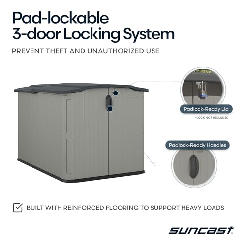 Suncast 138 Cu Ft Horizontal Outdoor Storage Shed, 57.5"x79.75"x52" Glidetop Outdoor Shed with Sliding Lid, Resin Storage Sheds with Floor for Bikes, Motorcycles, & Lawn Mower, Made in the USA