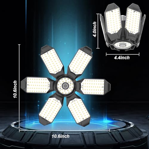 LUCORUSC Led Garage Lights Bulb 6 Pack 200W Super Bright Ceiling Led Shop Lights, E26/E27 Base, 6500K, 22000LM Deformable Led Garage Light for Basement, Attic and Workshop Commercial Bay Lighting