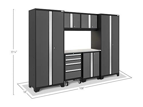 ‎‎‎‎‎NewAge Products Garage Cabinets Bold Series 7 PC Set Gray (48" Stainless Steel Worktop, Two-Door Base, Rolling Tool Drawer, 2X Wall Cabinets, 2X Multi-Use Lockers), 50442
