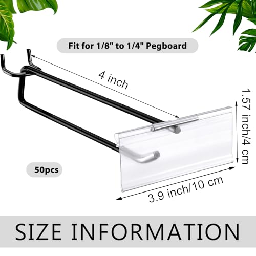 Tandefio 50 Pack 4 Inch Black Metal Peg Board Hooks with Clear Plastic Label Holder Stainless Steel Display Pegboard Hooks for 1/8'' to 1/4'' Pegboard Wall for Garage Storage Retail Shop Supplies