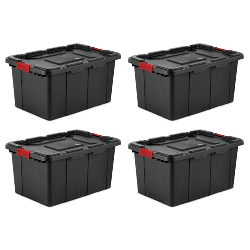 Sterilite 12-Pack Industrial Tote, Plastic Storage Bins with Lids, 27 Gallon, Black - Heavy-Duty Organizing Containers for Closet, Bathroom, and Office