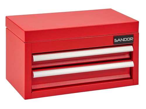 Mini Tool Box - Metal Tool Chest with 2 Drawers & PVC Drawer Liners for Workbench or Desk, Powder-Coated Steel Small Toolbox - Multi-Purpose Storage for Machinists Tools, DIY, 3D Printer Parts - Red