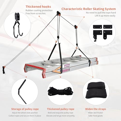 SYDSZ Ladder Storage Ceiling Hoist – Garage Pulley Lift System for Ladder Carrier Fits Garage or Shed with 125lb