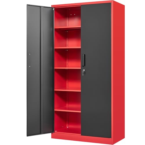 Fesbos Metal Storage Cabinet-71” Tall Steel File Cabinets with Lockable Doors and Adjustable Shelves-Black&Red Steel Storage Cabinet for Home, School, Office, Garage