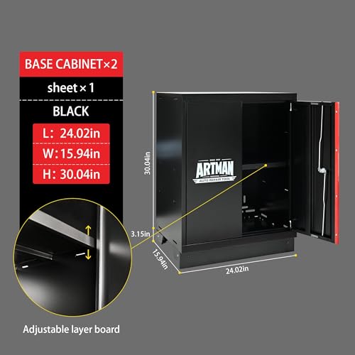 S.Walt Pre-Assembled Garage Storage Cabinet System, No Assembly Required, 6-Piece Workshop Cabinet Set in Black & Red with LED Lights, Wood Worktop, Key Locks, Adjustable Doors and Legs