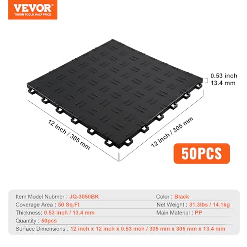 VEVOR Garage Floor Tiles 12 x 12 x 0.53 inch, Interlocking Design Ease of Installation Double-Sided Texture Non-Slip Sturdiness, for Garages, Basements, Repair Shops, Black, 50 Pack