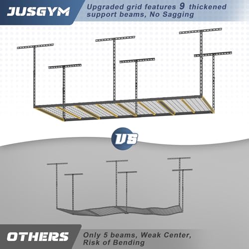 Jusgym 4X8FT Overhead Garage Storage Rack, 26"-40" Height Adjustable Garage Ceiling Storage Racks, Heavy Duty Metal Overhead Storage Organizer System, 750LBS Weight Capacity
