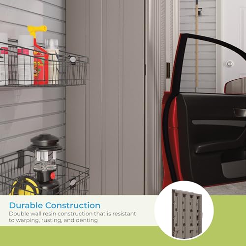 Suncast Mega Tall Storage Cabinet for Garage Organization - 31 Cu. Ft. Lockable Utility Closet with 3 Adjustable Shelves for Garden Supplies & Outdoor Tools, Multi-Wall Resin Construction, Platinum