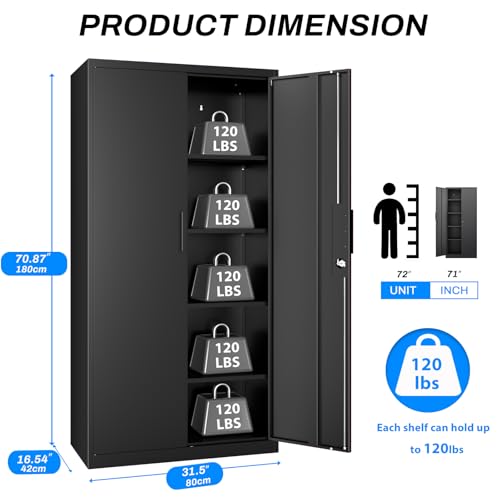 HOMOFFICE Metal Garage Storage Cabinet with Lock, 71" Tall Steel Storage Locker with 4 Adjustable Shelves, Heavy Duty Metal Cabinet for Garage, Office, Home, 31.5”W × 16.5”D, Black