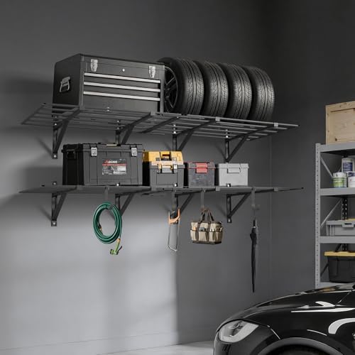VEVOR 2-Pack Heavy Duty Garage Wall Shelving, 2 x 6 ft Steel Wall Mounted Shelving Unit, 24 x 72 Inch Per Shelf Floating Storage Metal Rack for Garage, 1600 lbs Total Weight Capacity