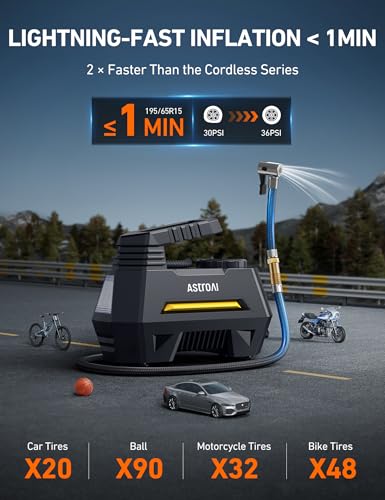 AstroAI AIRUN H Tire Inflator Portable Air Compressor,Fast Inflation Electric Air Pump for Car Tires-Car Accessories,9.8Ft Cord-12VDC-Powered Auto Shut-Off with Digital Pressure Gauge,LED Light,Yellow