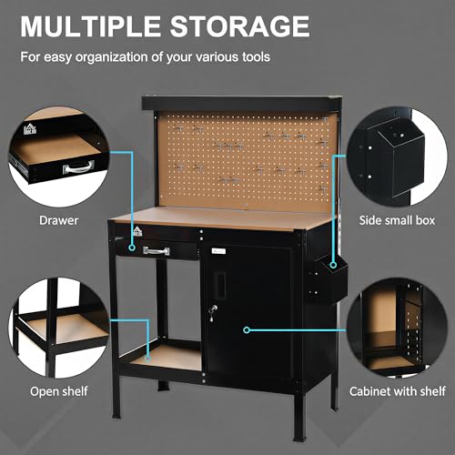 HOMCOM Multipurpose Workbench, Workshop Tool Table with Storage Cabinet with Lock and Keys, Slide Drawer, Peg Board