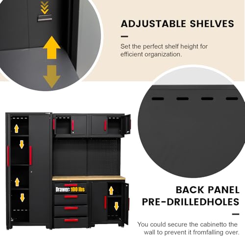 HPDMC Garage Storage Cabinet System - 2 * 6-Pcs Workshop Set with Steel Cabinet Drawers, Tool Chest, Workbench, Pegboard for Tool Organization