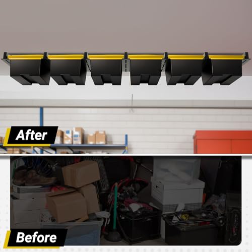 Eastrexon 6-bin Overhead Garage Storage Rack, Ceiling Storage Racks Heavy Duty, Powder Coated Tote Storage Rack for Garages, Sheds, Storerooms (7 PCS, for 6 Bins)