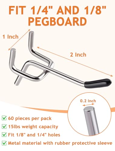 FEAOXYO 60 PCS 2 Inch Pegboard Hooks, Heavy Duty Peg Board Organizer Accessories, Tool Hangers Fit 1/4" Pegboard, Perfect for Garage Storage, Workshop, Craft Room and Wall Hanging Tool