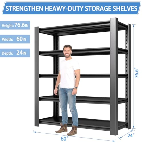 Nexvrtau 5-Tier Garage Shelving Heavy Duty, 3000 LBS Capacity Metal Storage Rack 24" D x 60" W x 76" H, Adjustable Steel Shelves Unit for Garage, Warehouse, Basement, Pantry, Workshop.1 Pack