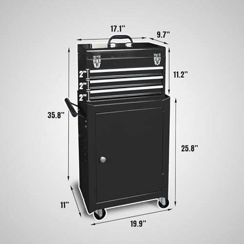 Torin ATBD134B-BLACK Rolling Garage Workshop Tool Organizer: Detachable 3 Drawer Tool Chest with Large Storage Cabinet and Adjustable Shelf, Black