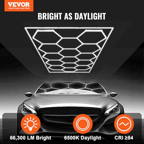 VEVOR Hexagon Garage Lights, 66300LM, 6500K 15 Grid Systems Honeycomb Hexagonal Garage LED Lights, DIY Cool White Car Detailing Ceiling Lighting Bright Shop Light for Gym Basement Workshop
