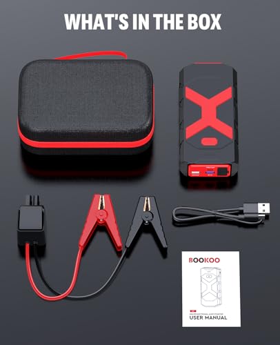 BOOKOO A9 Jump Starter 4000A for Car,Boat,Lawnmower 12L Gas&10L Diesel Engines Portable 12V Car Battery Jump Starter with Jumper Cables,Quick Charging USB Ports and USB C,3 LED Modes and Storage Box
