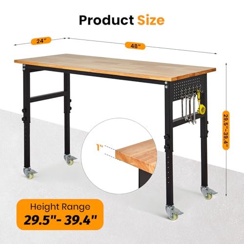 48" Adjustable Workbench, 8-Level Height Adjustable Rolling Work Table with Casters & Scale, Sit & Stand 2-in-1 Garage Tool Table with Pegboard & Hooks, for Workshop, Warehouse, DIY Projects