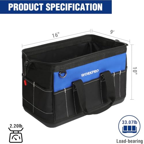 WORKPRO 16-inch Wide Mouth Tool Bag with Water Proof Molded Base