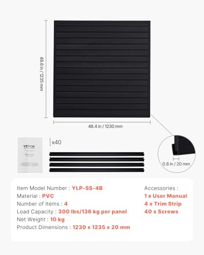 VEVOR Slat Wall Paneling, 4 x 4 ft, PVC Garage Slatwall with Modular Design, Black Slat Wall Easy-to-Install Adjustable Slatwall Panel with Coupling Structure & DIY Cutting, Fits for Storage & Display
