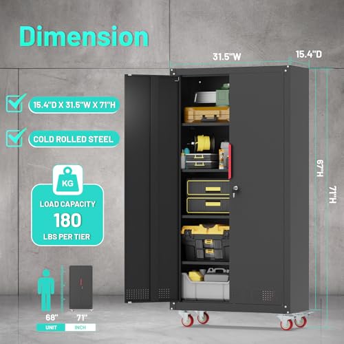 Eltean Metal Garage Cabinets with Wheels| 71" Steel Lockable Garage Storage Cabinet with 4 Adjustable Shelves, Heavy-Duty Tool Storage Cabinet for Home, Basement, Workshop (Black)