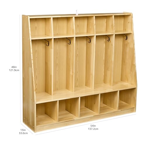 Amazon Basics Coat Locker, 5-Section with Bench, Daycare Classroom Furniture, Backpack Storage, 13"D x 54"W x 48"H, Natural Finish, Solid Pine Wood, Mudroom Furniture with Hooks for Home