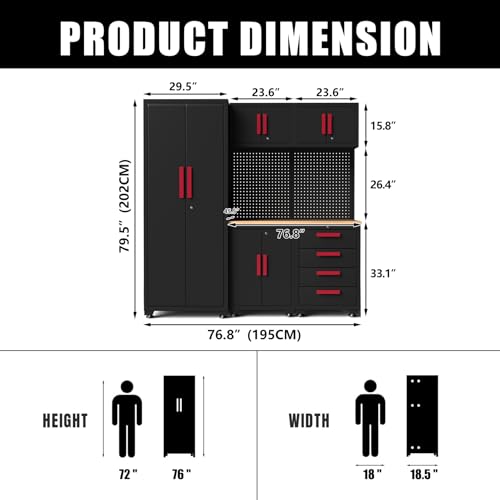 Tsnritor Garage Storage Cabinet System, 6-Pcs Garage Cabinets and Storage System Corner Workshop Set with Corner Cabinet, Cabinet Drawers, Workbench, Pegboard for Tool Organization, Black and Red