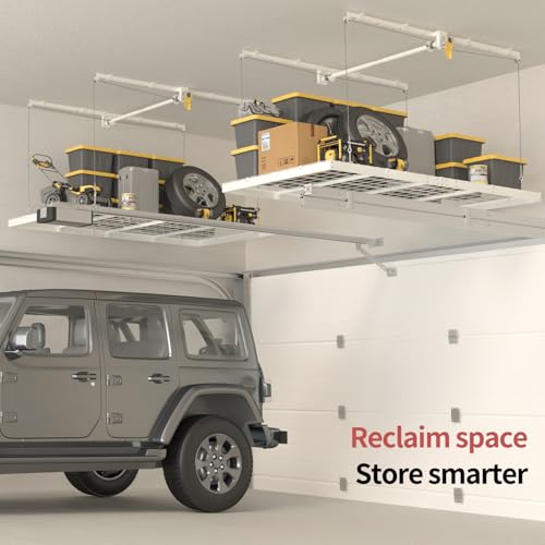 Garage Ceiling Storage Racks – 4x8 FT Overhead Garage Storage Rack with Safety Lock, Heavy-Duty Ceiling Mounted Lift System and Storage Organizer, Ideal for Maximizing Overhead Space, 325 lbs Capacity