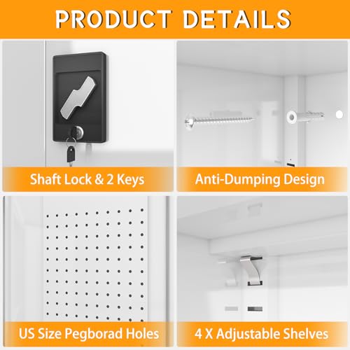 Upgraded Tall & Wide Metal Storage Cabinet with Doors & 4 Adjustable Shelves | Heavy-Duty Black Lockable Garage Cabinet with Wheels & Pegboard for Office, Gym, Basement, Warehouse (White)