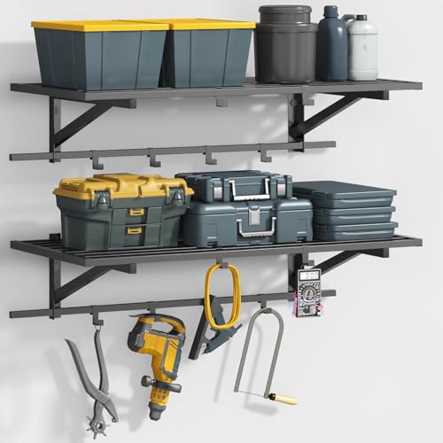ZHNSYDN 2-Pack 2x4ft Garage Shelving Wall Mounted, Heavy Duty Garage Storage Shelves with 12 Hooks, 2' x 4' Wall Mount Shelves with 500LBS Capacaity