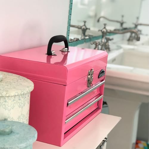 Apollo Tools 14 Inch Steel Tool Box with Deep Top Compartment and 2 Drawers in Heavy-Duty Steel With Ball Bearing Opening and Powder Coated Finish - Pink Ribbon - Pink - DT5010P