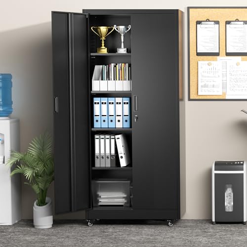 Greenvelly 73" Rolling Storage Cabinet,Black Metal Garage Cabinet with Locking Doors and 4 Adjustable Shelves for Home,Kitchen,Office,Warehouse(32" W x 16" D,Wheels)