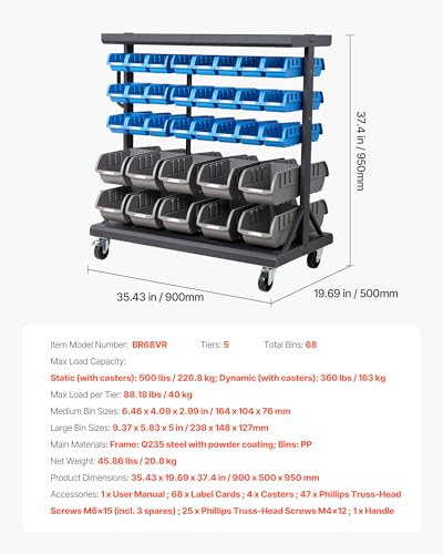 VEVOR 5-Tier Double-Sided Rolling Bin Storage Rack, 68 Plastic Bins, Dual-Sided Parts Organizer with Wheels, Mobile Tool Organizer for Garage, Warehouse, Office, Restaurant, Classroom, Kitchen