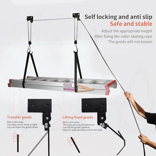 SYDSZ Ladder Storage Ceiling Hoist – Garage Pulley Lift System for Ladder Carrier Fits Garage or Shed with 125lb