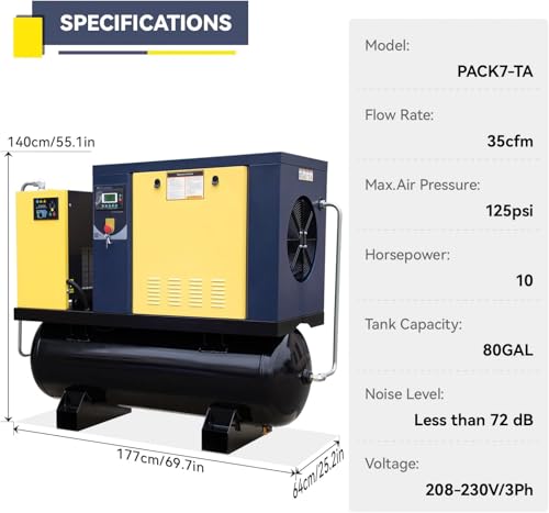 Torin PACK7-TA 7.5KW 10HP Rotary Screw Air Compressor 230V/3Ph 35CFM 125psi with 80Gal ASME Tand & Air Dryer Heavy Duty Air Compressed System All in One