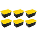 Sterilite 17 Gal Industrial Tote, Stackable Storage Bin with Snap-Fit Lid for Garage, Basement & Attic Storage, Black Base and Yellow Lily Lid, 6-Pack