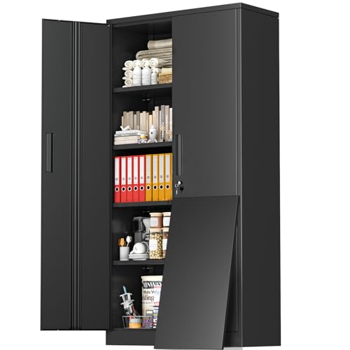 Greenvelly Storage Cabinet, 72” Black Garage Steel Locking Cabinet with Doors and 4 Adjustable Shelves, Tall Lockable File &Tool Cabinet for Home Office, Metal Classroom Cabinet Basement
