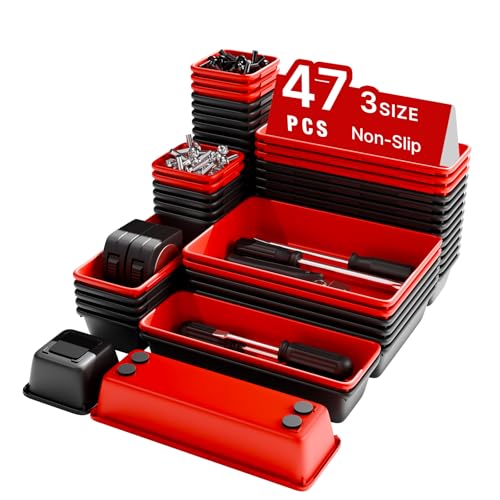 Vexercisehoop Toolbox Organizer Trays, Tool Chest Drawer Organizer with Non-Slip EVA Pads – 47pcs Red and Black Interlocking Trays for Workbench, Rolling Tool Cart, Garage