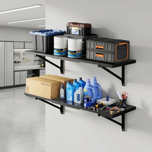 FLEXIMOUNTS 2-Pack 1x3ft Heavy Duty Garage Wall Shelving, Perforated Metal Garage Shelving Wall Mounted, 700 lbs Capacity, Garage Organization System for Tools, Bins & Space Saving