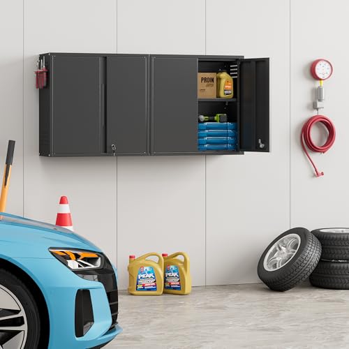 Garage Wall Cabinet, Metal Garage Cabinets with 2 Doors and Adjustable Shelf, Lockable Floating Tool Cabinet with Pegboard, Black Steel Wall Mounted Tool Cabinets for Kitchen,Office,Laundry,Warehouse