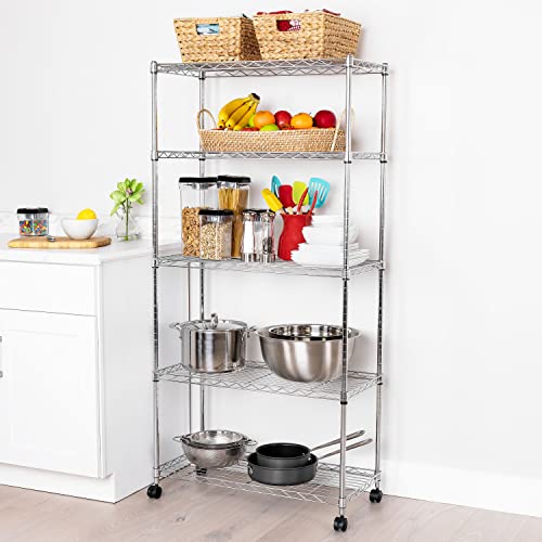 Seville Classics 5-Tier Wire Shelving with Wheels, 5-Tier, 30"" W x 14"" D (NEW MODEL), Chrome Plating, Plated Steel