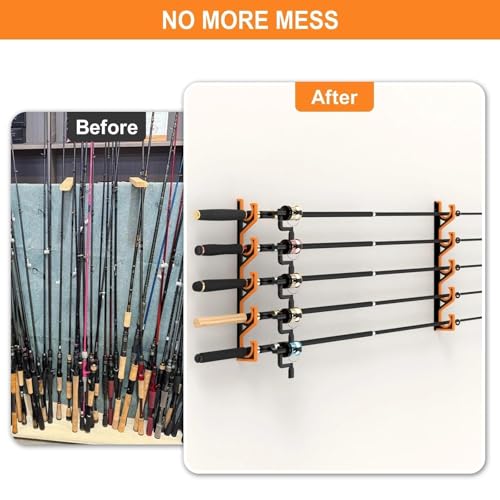 bruwaa 2 Pack Horizontal Fishing Rod Holders for Garage Wall & Ceiling, Anti-Scratch Soft PU Pad Rod Rack, Fishing Pole Storage Organizer Holds up to 10 Rod, Wall Mount Rod Keepers for Casting Rods