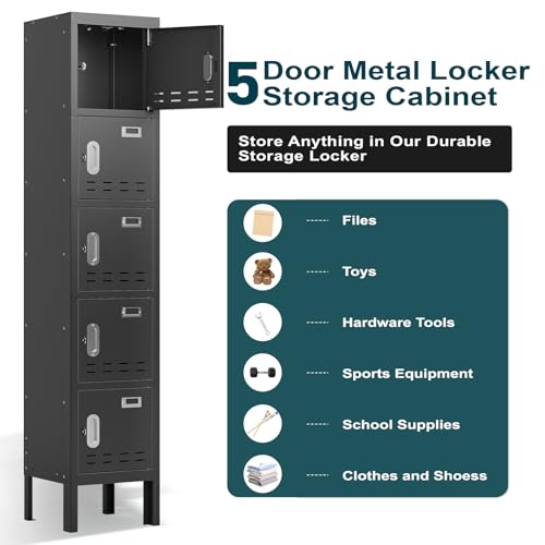 BUTISOW Metal Lockers - 66" Height Steel Lockers for Employees with 5 Door Storage Locker with Card Slot for Employees Gym School Home Office Garage - Assembly Required