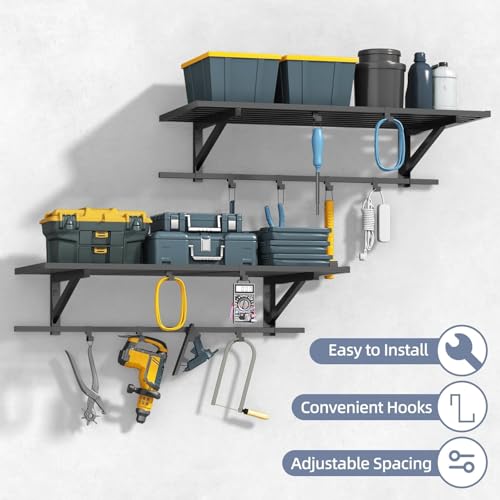 ZHNSYDN 2-Pack 2x4ft Garage Shelving Wall Mounted, Heavy Duty Garage Storage Shelves with 12 Hooks, 2' x 4' Wall Mount Shelves with 500LBS Capacaity