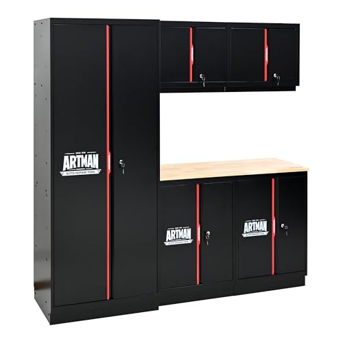 S.Walt Pre-Assembled Garage Storage Cabinet System, No Assembly Required, 6-Piece Workshop Cabinet Set in Black & Red with LED Lights, Wood Worktop, Key Locks, Adjustable Doors and Legs