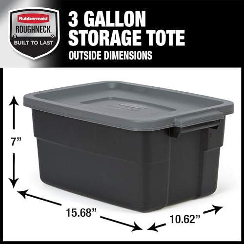 Rubbermaid 6-Pack Heavy Duty Durable 3 GAL Totes for Storage with Snap Lids and Handles, Plastic Storage Bins Stackable Black Gray for Home and Garage (3 GAL - 6 Pack Solid Black and Grey)